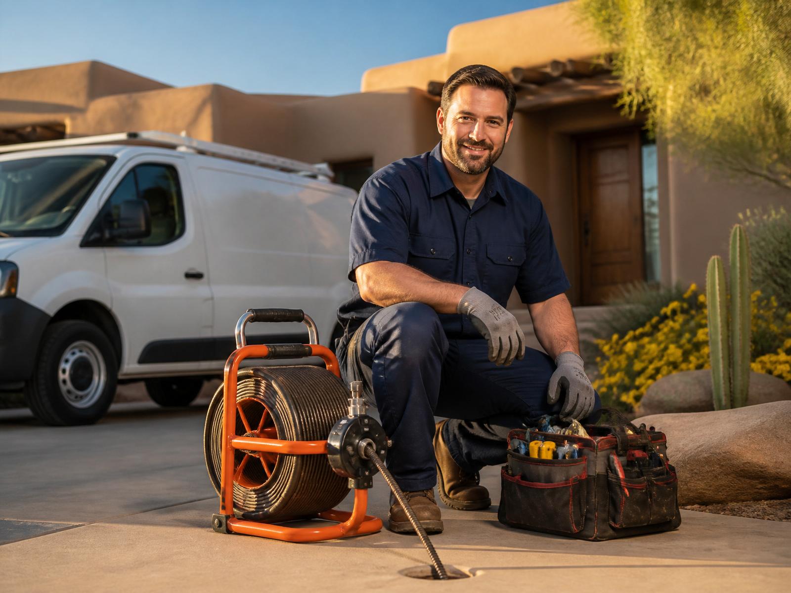 Louie & Sons plumber with drain cleaning equipment at an Albuquerque home